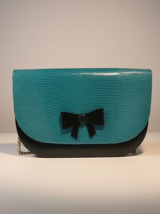 Dior Handbags - Dior Teal and Black Lizard-Texture Clutch with Bow